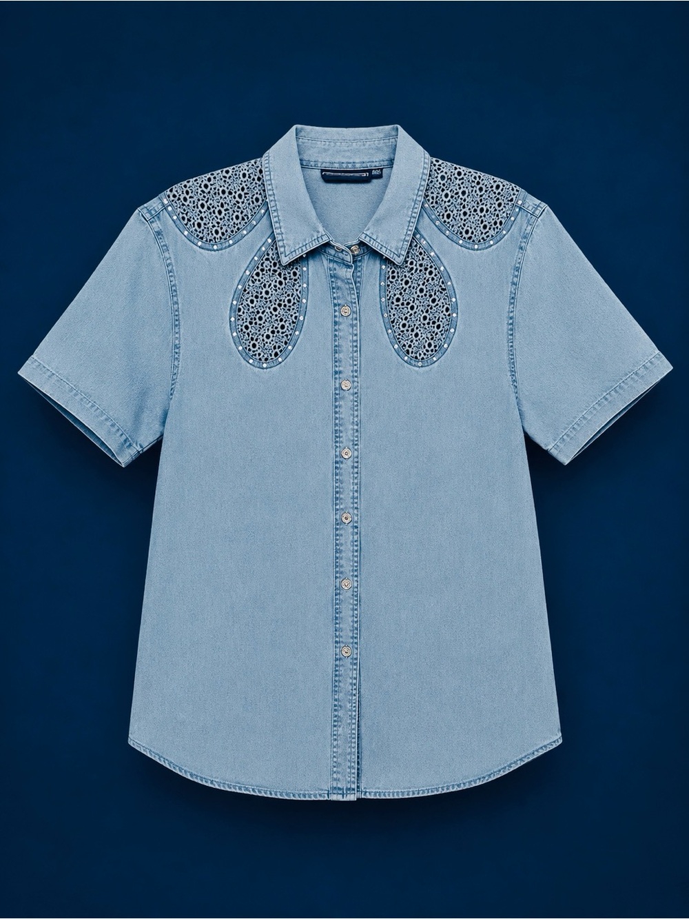 Light Blue Short-Sleeve Denim Button-Down Shirt with Eyelet Yoke